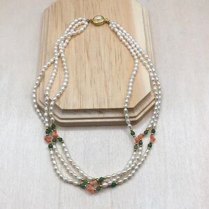 Vintage freshwater pearl, coral and jadeite beaded triple strand necklace - glam